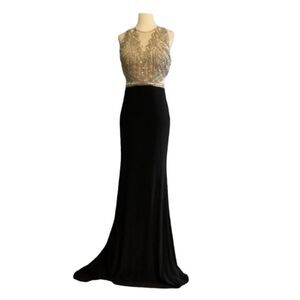 Xscape Sequin Beaded Prom Evening Gown Black Gold Silver Illusion Maxi Dress 4